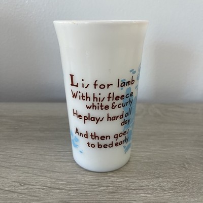 Vintage  L is for Lamb  Milk Glass Cup Child Nursery Rhyme Blue Black Retro