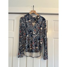 Tory Burch XS Navy Blue Floral Butterfly Rayon Silk Trim V-Neck Blouse Top