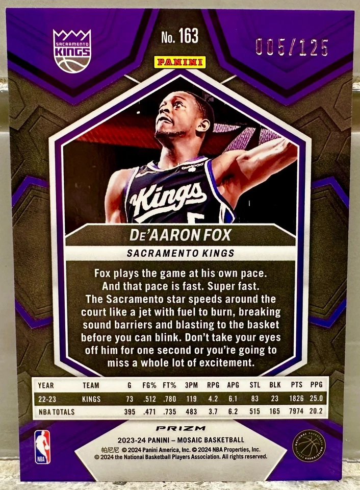 JERSEY NUMBER MATCH! 2023-24 Panini Mosaic De Aaron Fox 5/125! SPURS (1/1)! - Image 2 of 3