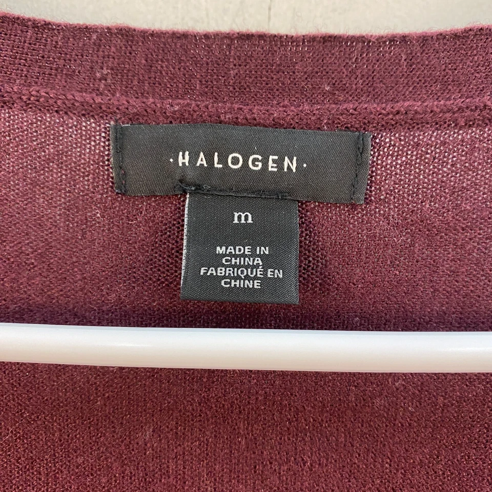 Cárdigan suéter mediano halógeno para mujer Top lana púrpura granate botón cuello en V Foto 3 de 4