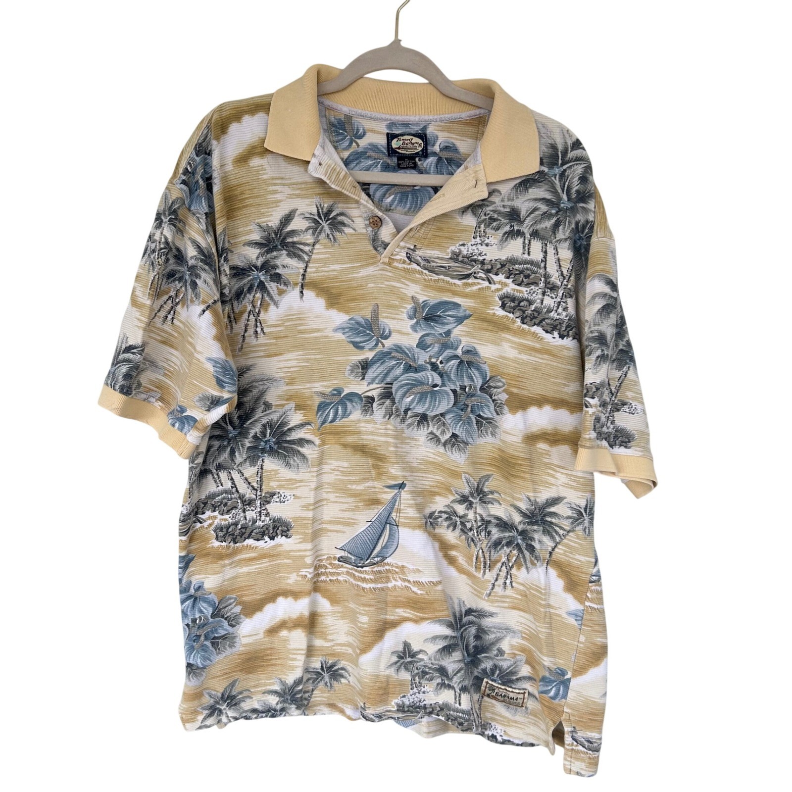 VTG 90s Y2K Tommy Bahama Mens Hawaiian Tropical Sailboat Palm Tree Polo Beach M