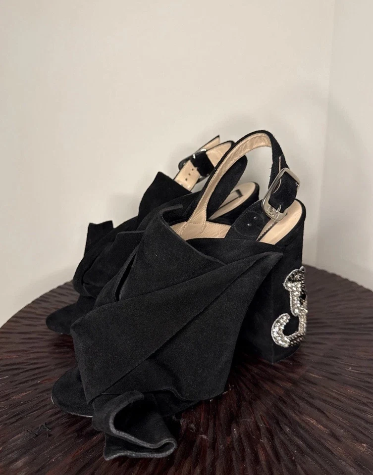 Sandalia Tacón 4.75" Anudada Terciopelo Negro Embellecida Gatos Nº21 EE. UU. 8/IT 39 Foto 2 de 4