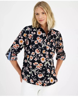 Nautica Jeans Women's Top Sz XL Floral Print Cotton Button-Front