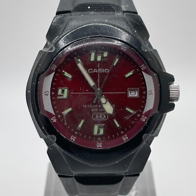 Casio Mens Watch Date Red Dial Black Case Band Quartz Analog MW