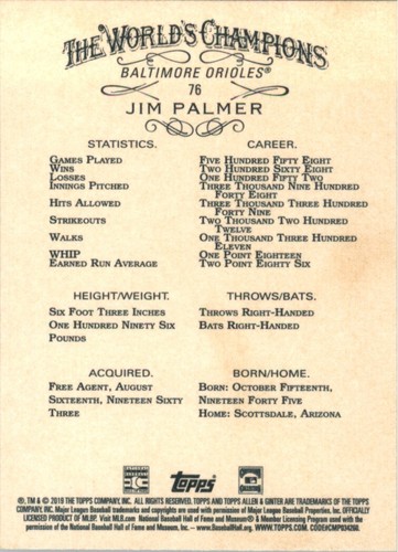 2019 Topps Allen & Ginter #76 Jim Palmer Baltimore Orioles HOF *+* - Picture 2 of 2