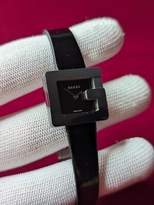 Gucci Ladies Black Dial 'G' Silver Shape Black Leather Strap Watch 3600L