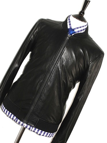 Black Mens Racer Bomber Biker Jacket 42r Cafe Adolfo Dominguez Leather Coat Rare fgFxwHq6f