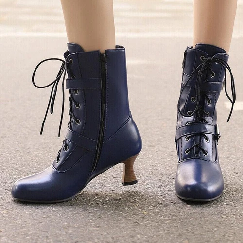 Womens Chic Shoes Round Toe Lace Up Buckle Straps Mid Heel Ankle Boots - Picture 7 of 31