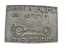 Vintage Belt Buckle Model T There's a FORD in Your Future Brass Silver 3.5x2.5"