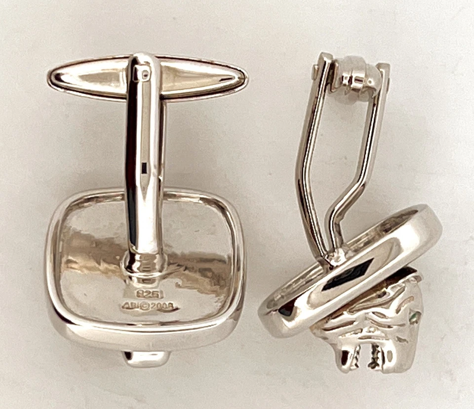 Tiger Torpedo Cufflinks 925 Sterling Silver With Tigers Eye & With Emerald Eyes - Image 3 of 4