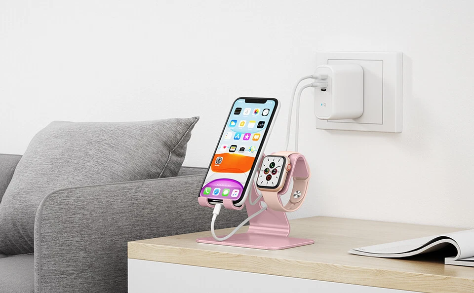 OMOTON 2 in 1 Universal Desktop Stand Holder for iPhone & Apple Watch, Rose Gold - Image 3 of 4
