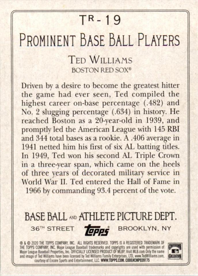 2020 Topps Turkey Red 2020 #TR-19 Ted Williams Boston Red Sox - Image 2 of 2