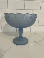 Beautiful Vintage Indiana Glass Frosted Blue Footed Compote Bowl 7 1/2"