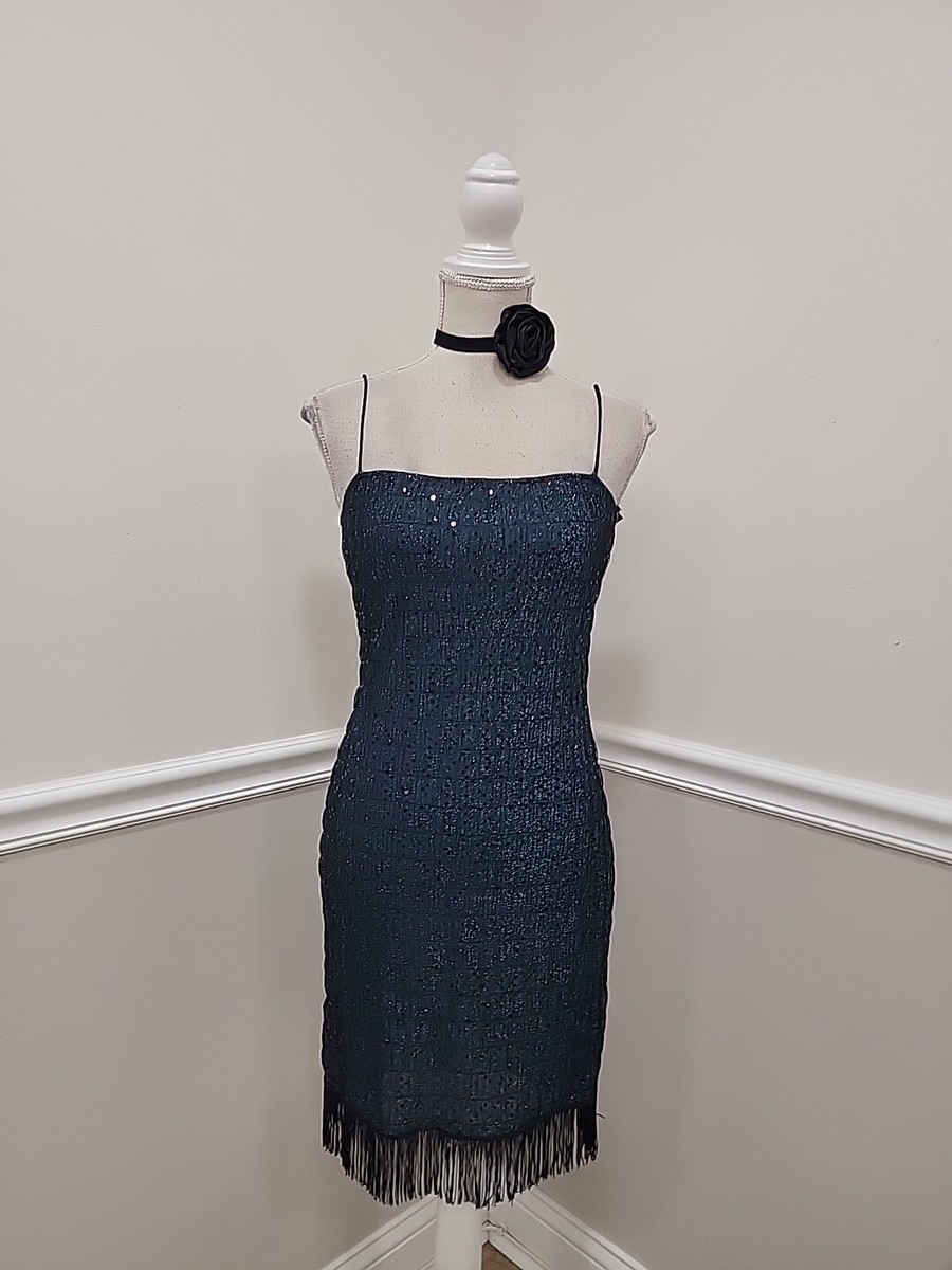 Vintage Y2K Glitter Slinky Dress with Fringe/ Party Strap Dress/ Evening  Dress