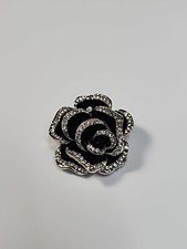 Camellia Flower Brooch Pin Black  Silver Colors with Clear Faceted Faux Gems