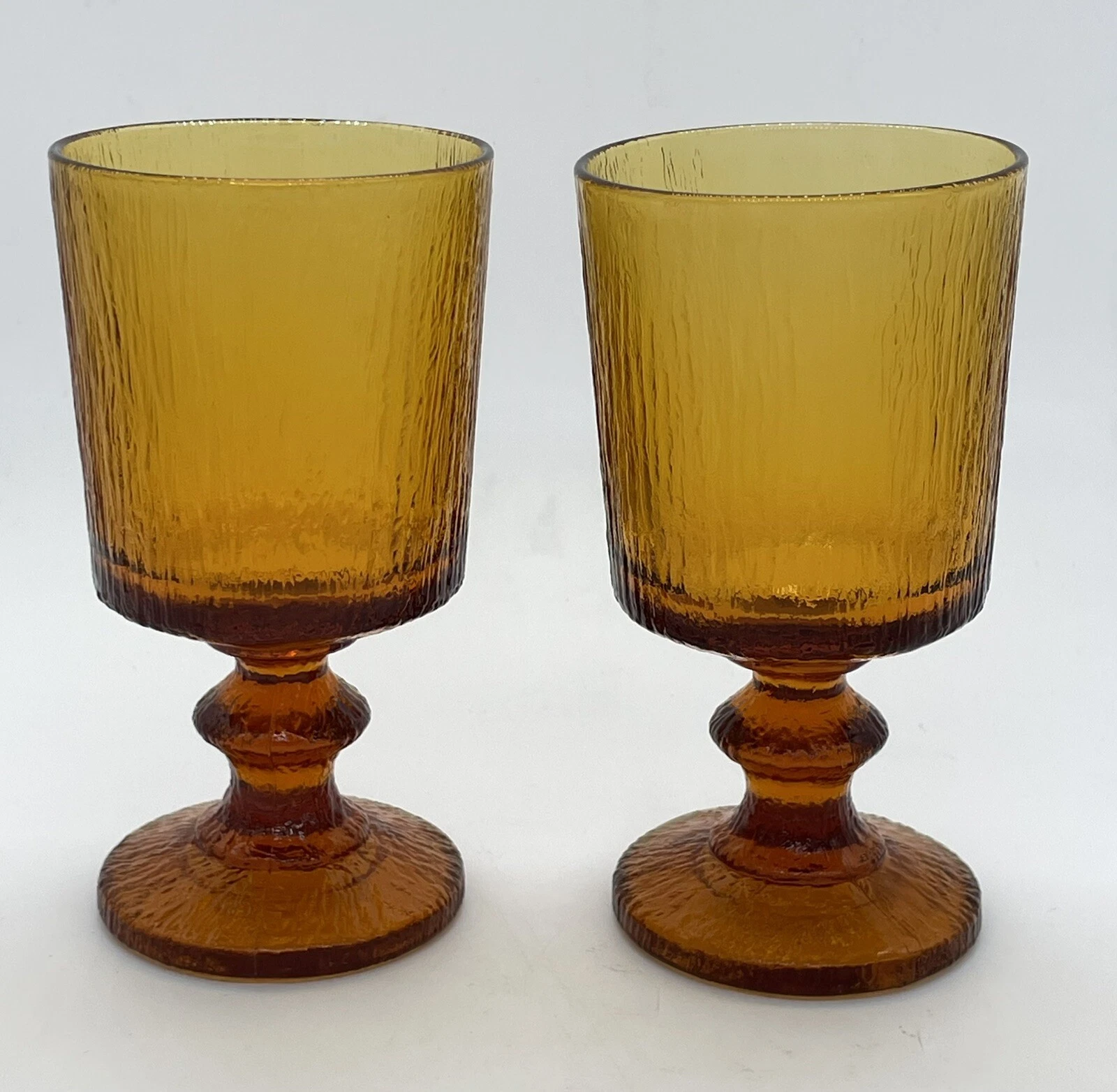 Vintage Ravenshead Amber Goblet Pair Textured Retro Wine Water Glasses