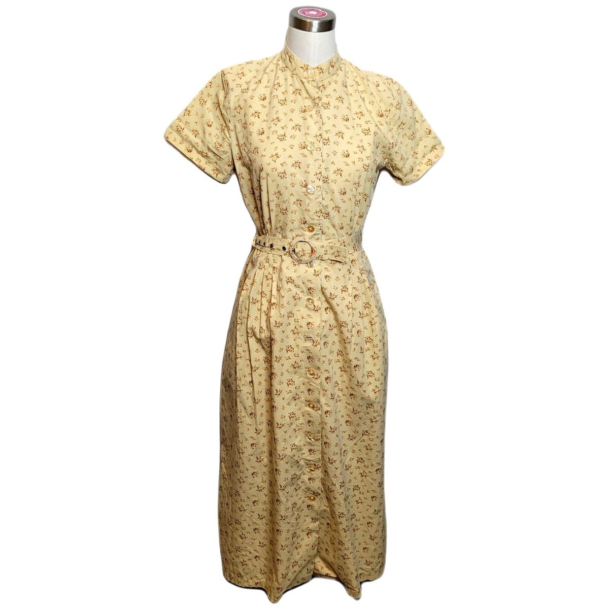 rockabilly shirt dress Rockabilly Yellow Floral Shirt Dress Button Front Belted Waist Lined Skirt  Sz S