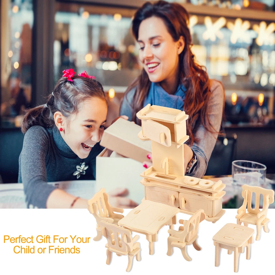 34Pcs 3D Wooden Puzzle DIY Miniature Furniture Dollhouse Building Mode Xmas Gift - Image 2 of 4