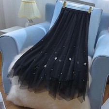 Lady Sheer Tulle Skirt Mesh Beaded Tutu Layered Dress Elastic High Waist Skirt