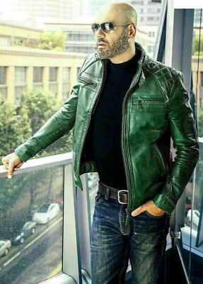 Retro Biker Jacket Men's Green Blue Diamond Motorcycle Genuine Leather Coat