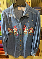 Vtg Bobbie Brooks Denim Button Up Shirt Snowman Holly Appliqu  Christmas Medium