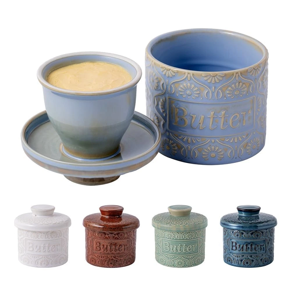 Ceramic French Butter Crock - Lead-Free Vintage Relief Pattern Butter Keeper ...