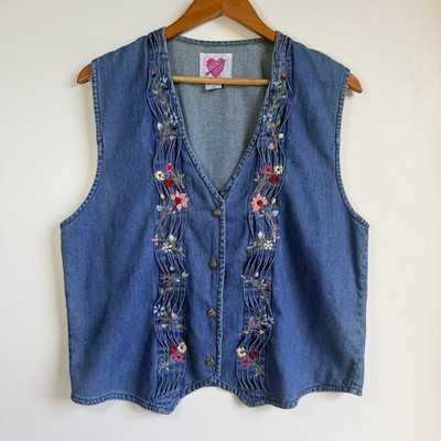 Vintage 90s Keren Hart Floral Embroidered Denim Vest Medium Cottagecore Prairie