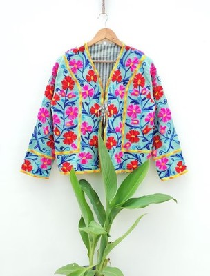 Indische Grüne Suzani Bedruckte Jacke Handgemachte Samtjacke Damenbekleidung US