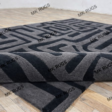 Modern Grey Black Geometric Hand Tufted Wool Area Rug Contemporary Thick Luxury