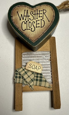 #ad Vintage Christmas Ornament Wood Heart W Washboard Soap “Washer Closed” $10.95