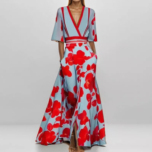 Ladies Elegant 3/4 Sleeves V-Neck Maxi Dress Party Print Swing Long Dresses UK ⭐ - Picture 4 of 25