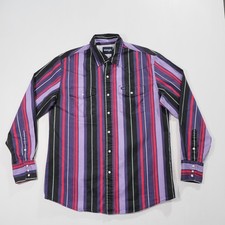 Vintage Wrangler Brush Popper Western Shirt Mens Large Purple Stripe Pearl Snap