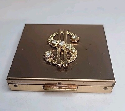 Vintage Harwood Gold Tone Rhinestone Dollar Sign Petty Cash Compact Mint