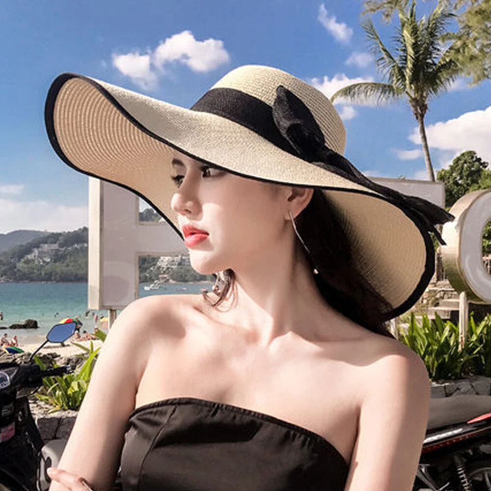 Summer Autumn Floppy Straw Hat Women Ladies Wide Brim Beach Hat Sun Foldable  Cap