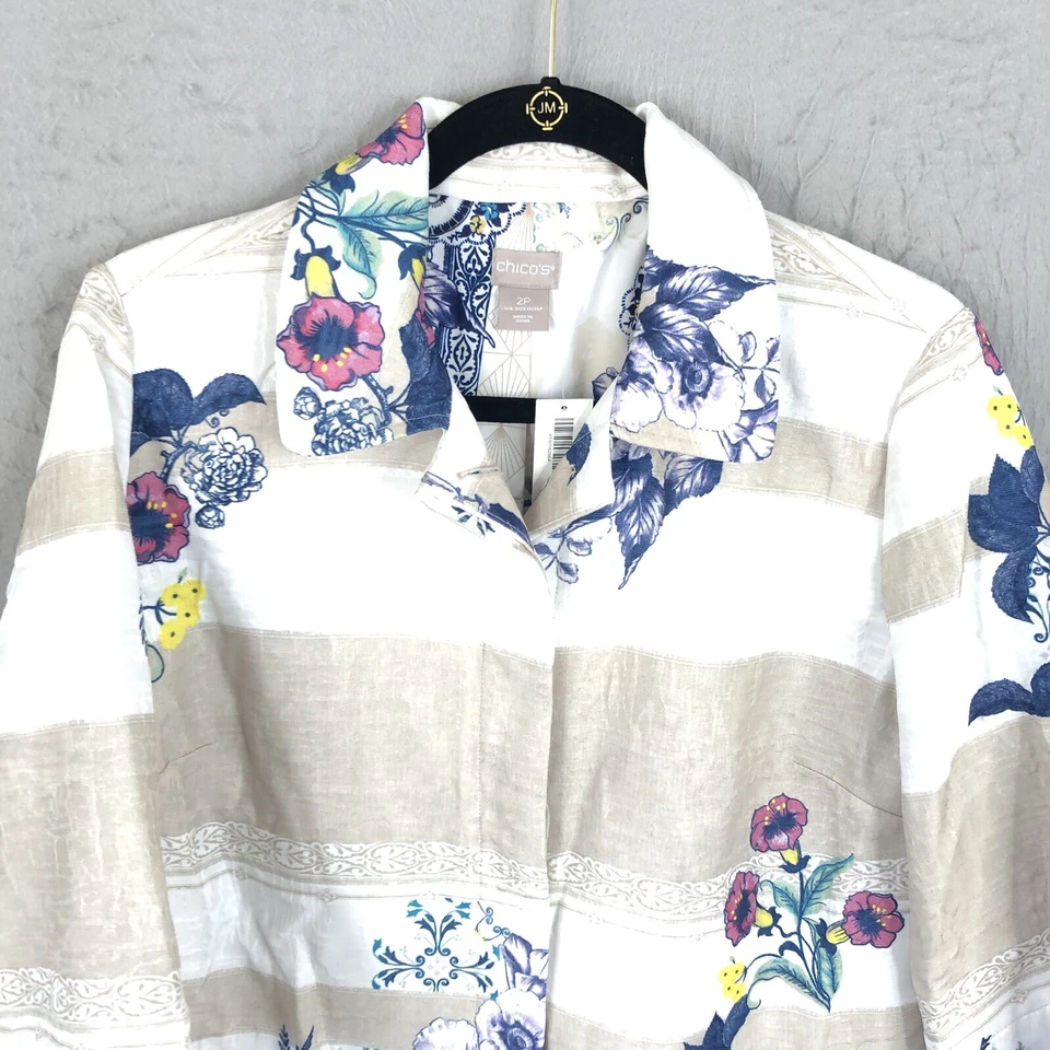 Chicos 2P Jacket Womens LP Large Petite Floral Striped 100% Linen Easter NEW - Image 2 of 4