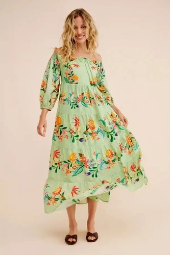 NWT Anthropologie Farm Rio sz S P Colorful Off Shoulder Tiered Maxi Floral Dress