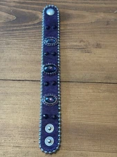 Women's Purple Leather Cowhide Rhinestones Bead Chain Trim Wrap Cuff Bracelet