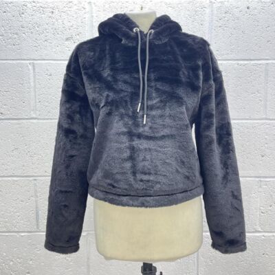 URBAN CLASSICS BLACK FAUX FUR HOODIE JUMPER PULLOVER Y2K SOFT UK XS