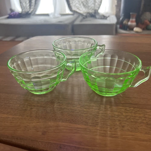 3 Vintage Anchor Hocking Block Optic Green Depression Uranium Glass Cup-no Chips