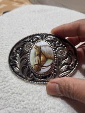 Vtg Belt Buckle White Porcelain Horse w/ Ornate Flower Silver metal Cowboy Style
