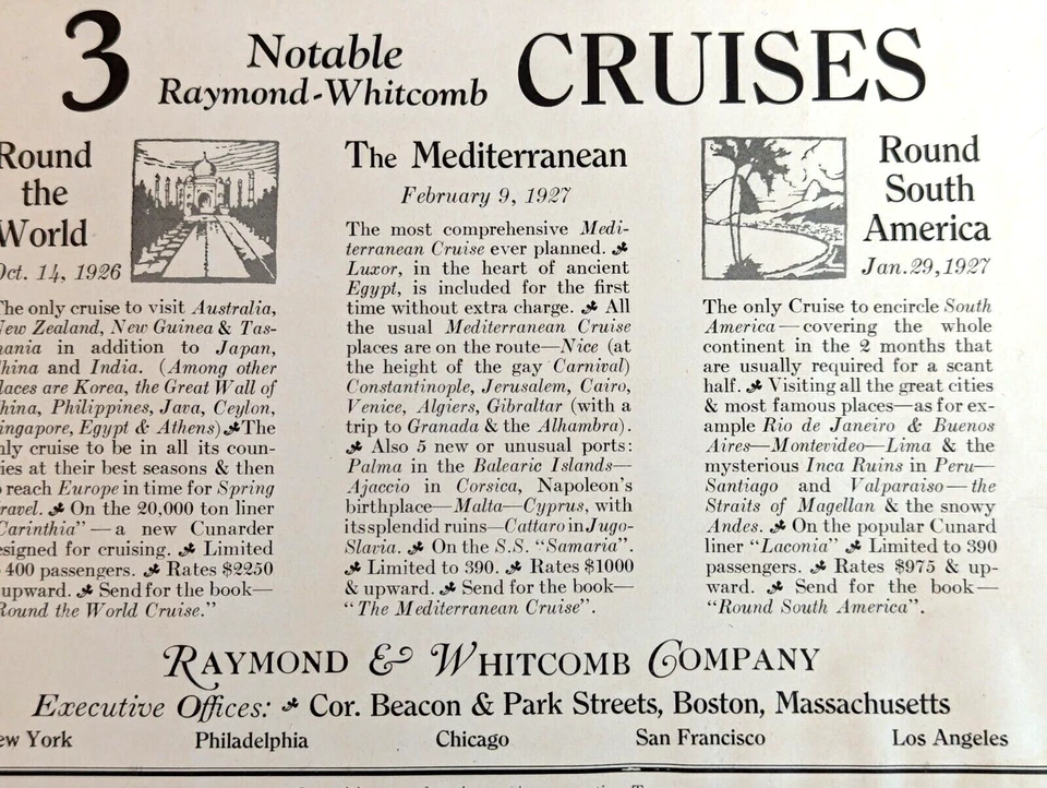 Anuncio impreso antiguo original de Raymond & Whitcomb World Cruises 1926 Foto 2 de 2