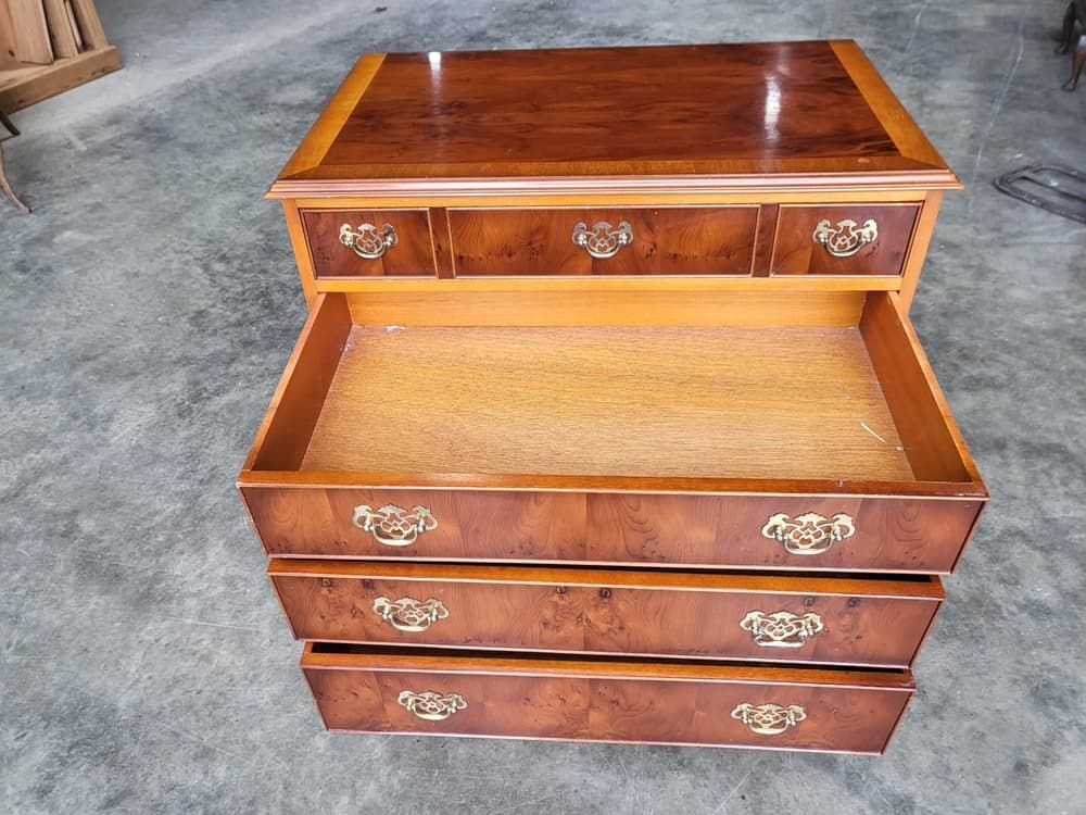 Antique repro Yew small chest of drawers 4 drawers bracket feet brass