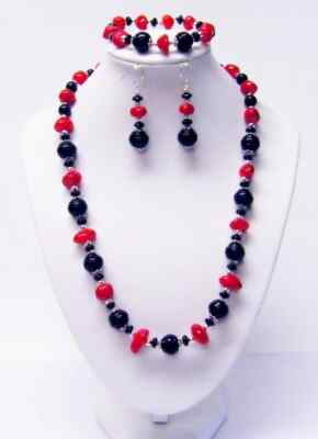 Round Grooved Black Glass w/Crimson Polished Mineral Stone Beads Neck/Brace/Earr