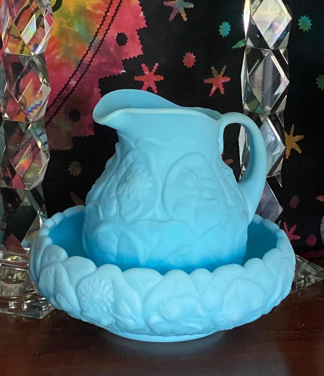 Vintage Fenton Blue Satin Water Lily Milk Glass Pattern