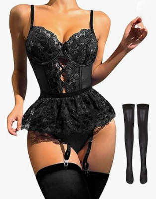 Damen Spitze Teddy Dessous Set Strumpfband Strümpfe Netz Body tief V Babydoll