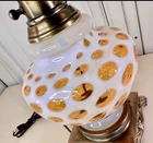 Vintage Mid-Century Milk Glass Amber Honeysuckle Coin Dot Table Lamp