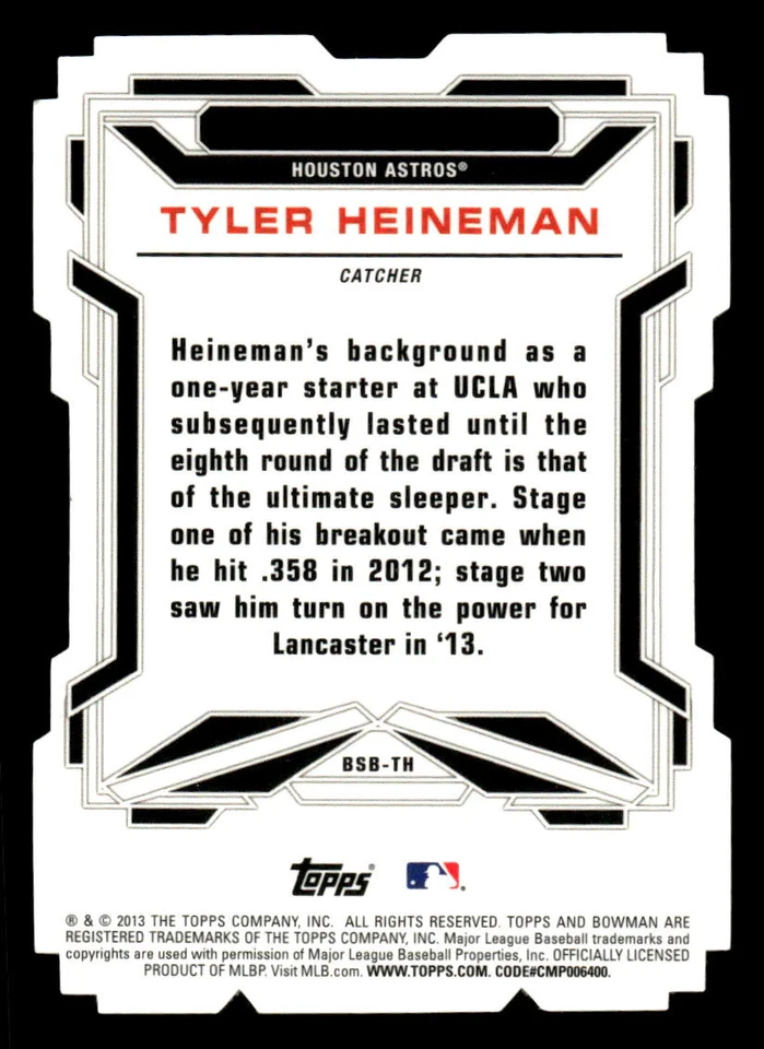 2013 BOWMAN DRAFT TYLER HEINEMAN BSB-TH BOWMAN SCOUT BREAKOUTS HOUSTON ASTROS - Image 2 of 2