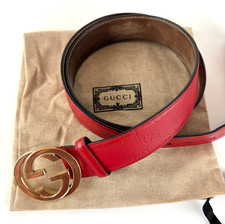 $490 Gucci Auth Men Belt Red 110 cm 44 in GG Embossed Leather GG Gold Buckle Bag