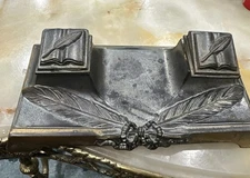 VTG Cast Metal Double Inkwell Stand Art Deco Quill & Book Design Desk Collectibl