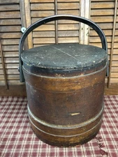 Primitive Antique New England Wooden Sugar Bucket Swing Handle Make Do Lid
